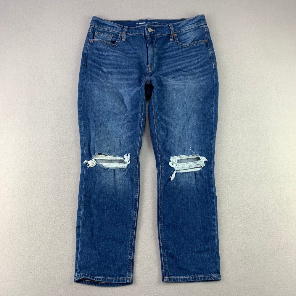Old Navy Mid-Rise Boyfriend Jeans Womens 10 Divine Blue Distressed Ripped Denim